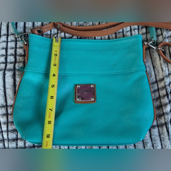 🎀 Valentina Turquoise and Tan Pebble Leather Shoulder Bag with Gold Accents - Picture 8 of 17